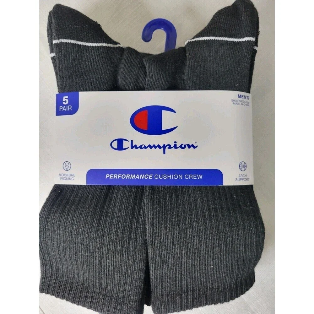 Champion Mens- Crew Black Socks 5 Pair Athleticwear Size 6-12  Cushioned